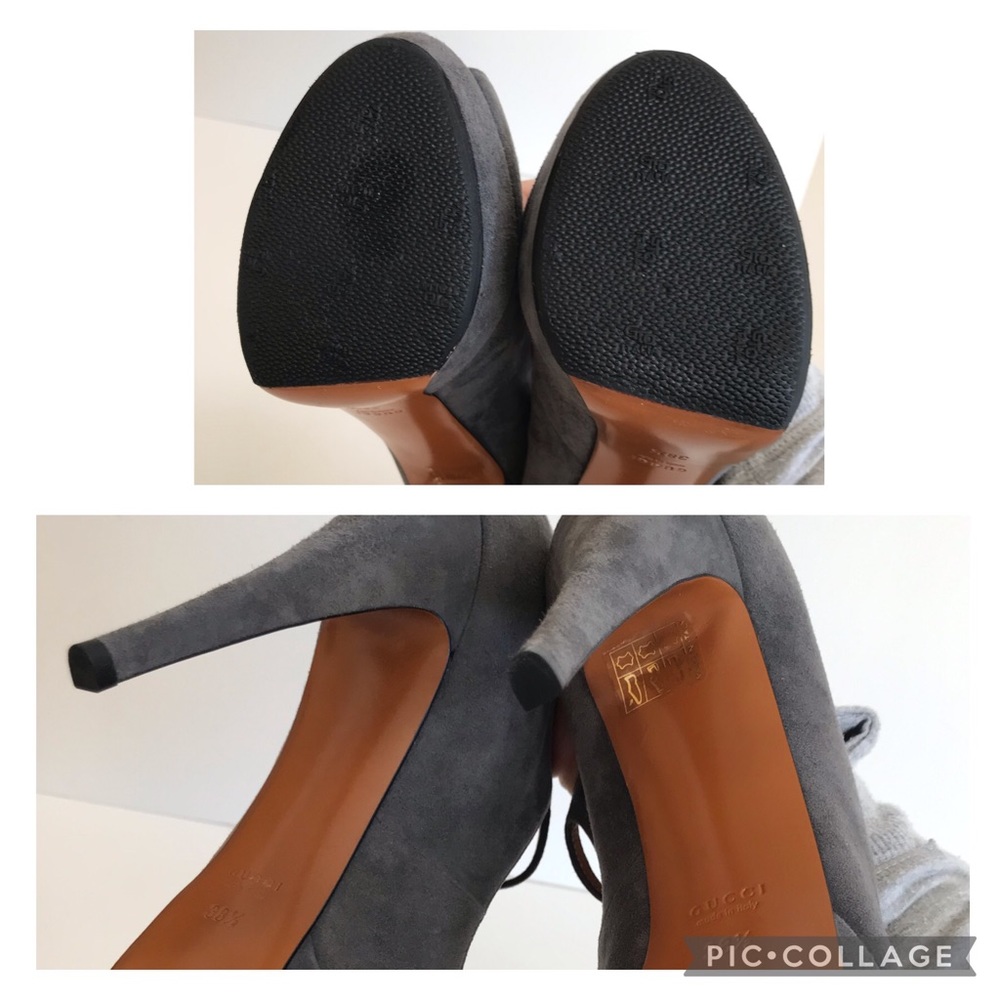 Gucci Betty Peep Toe T Strap High Heel Suede Platform Pumps Gray Sze IT 38.5 NIB - Picture 13 of 16